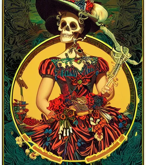 Image similar to a beautiful fancy skull lady by dan mumford and gil elvgren, folklorico, tarot