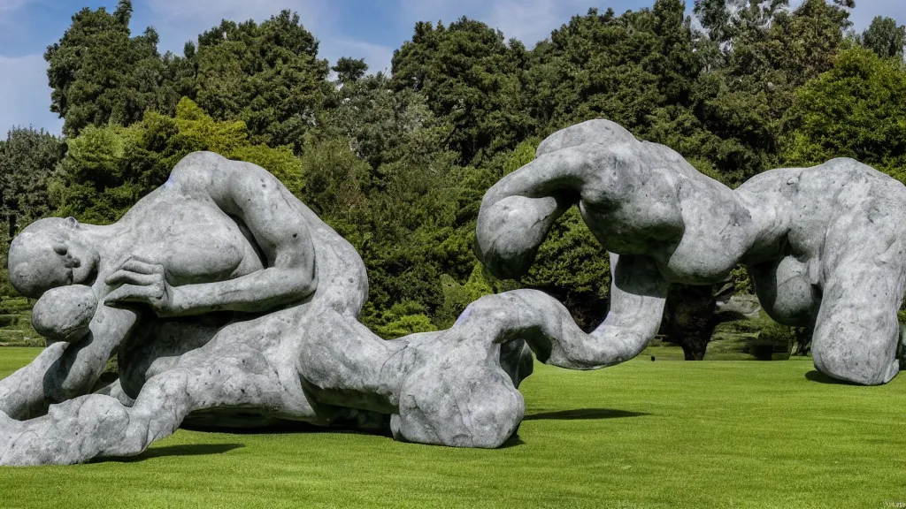 Prompt: a colossal impossible granite sculpture garden by michelangelo and henry moore and david cerny, on a green lawn, distant mountains, 8 k, dslr camera, i alone call you out, award winning