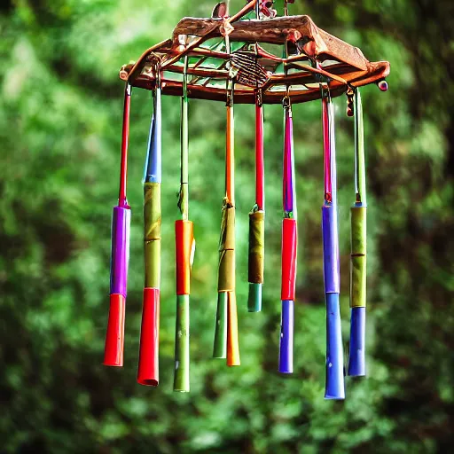 Prompt: professional photography of wind chimes