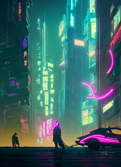 Image similar to masterpiece concept art, neon corgi in a cyberpunk world by greg rutkowski and geof darrow, 8 k, intricate detail, cinematic lighting