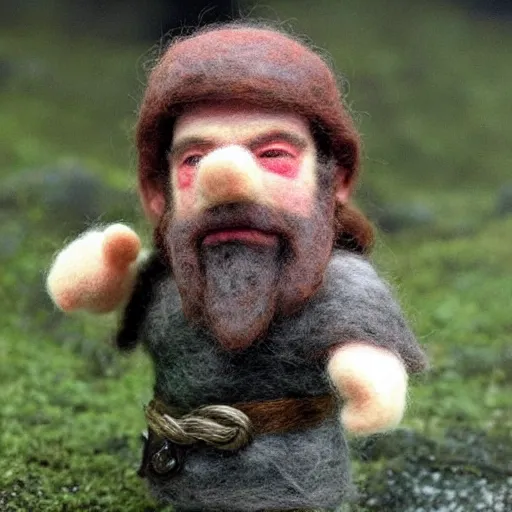 Image similar to needle felted gimli from the return of the king (2003), highly detailed, tilt shift, eerie!!!, hyperrealism, highly textured, god rays