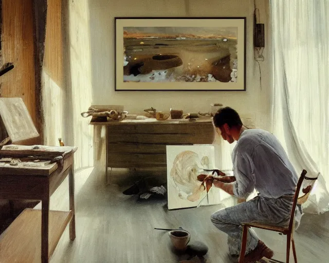 Image similar to a painter in his studio painting a picture of an eggplant emoji - key lighting, soft lights, foggy, by steve hanks, by lisa yuskavage, by serov valentin, by tarkovsky, 8 k render, detailed, oil on canvas