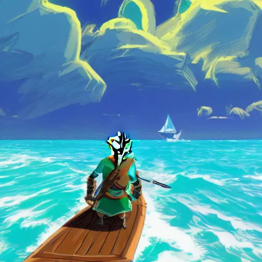 Image similar to link sailing in a boat past an island in the style of breath of the wild, cell shaded, very detailed, 4k,