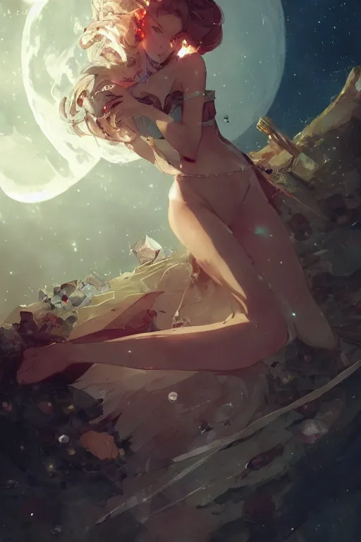 Image similar to A beautiful whimsical woman basking in the moonlight on a bed of crystals below planets, cinematic lighting, dramatic atmosphere, by Dustin Nguyen, Akihiko Yoshida, Greg Tocchini, Greg Rutkowski, Cliff Chiang, 4k resolution, trending on artstation