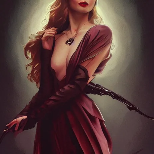 Image similar to “ daria strokous as a movie femme fatale with evil grin, intricate, elegant, highly detailed, digital painting, artstation, concept art, smooth, sharp focus uhd 8 k, art by artgerm and greg rutkowski and alphonse mucha ”