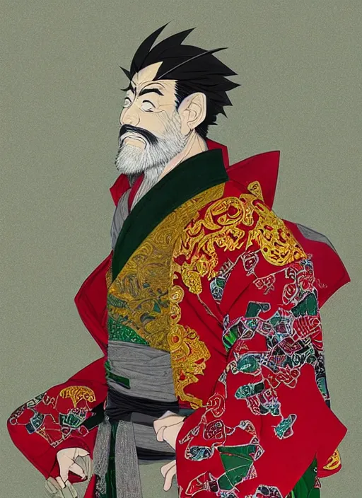 Image similar to half body portrait of a handsome muscular old mad with blonde hair and grey beard wearing and ornate red, green and gold trench coat. detailed, wearing kimono armour, by conrad roset, takato yomamoto, jesper ejsing, masamune shiro