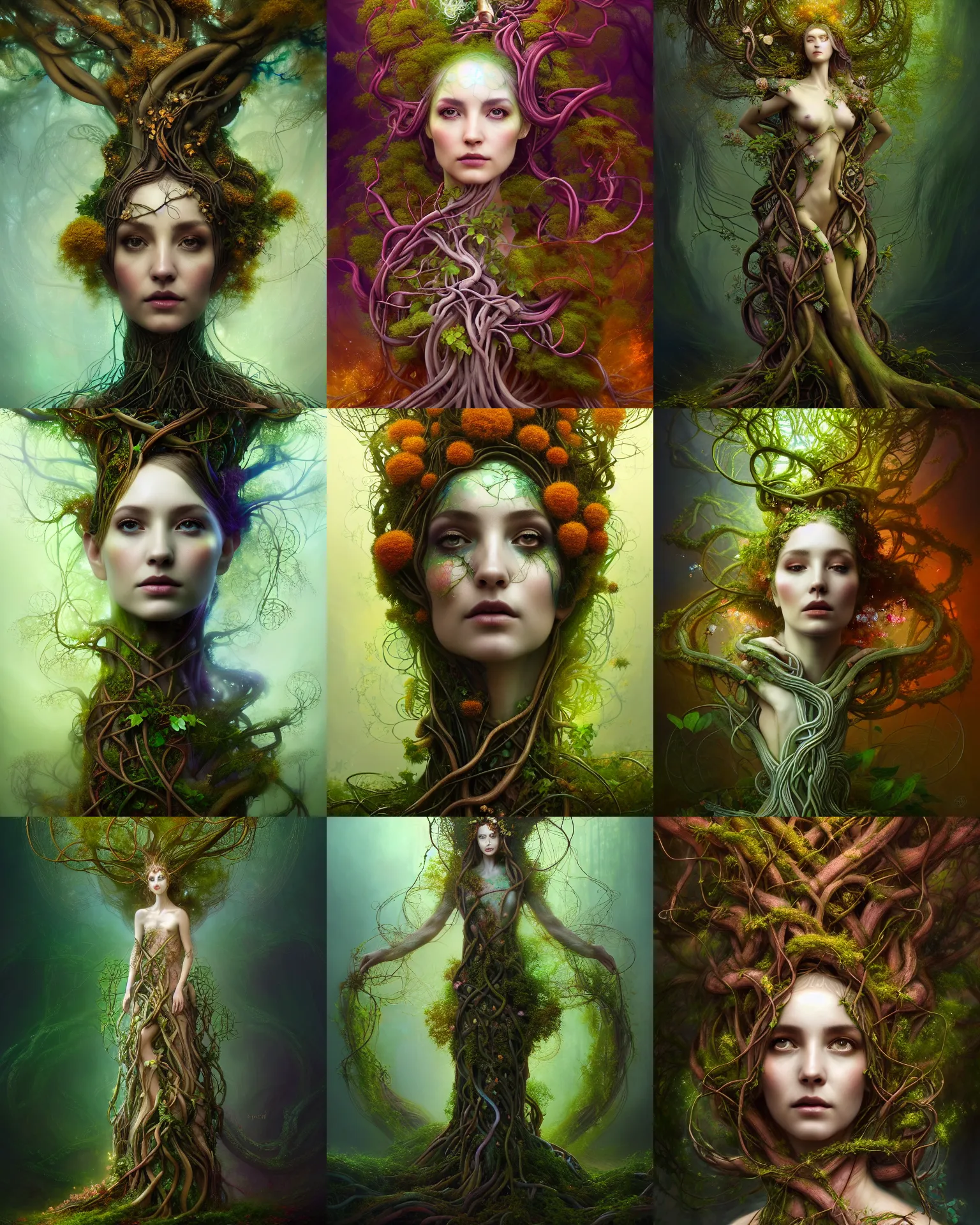 Prompt: Full View Portrait Mystical ethereal tree roots and vines deity wearing beautiful dress, tree roots and vines Dryad, 4k digital masterpiece by Anna dittman and Ruan Jia and Alberto Seveso, fantasycore, Hyperdetailed, realistic oil on linen, soft lighting, marigold background, featured on Artstation