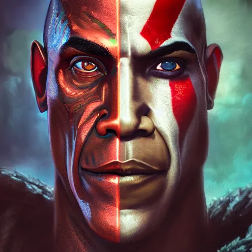 Image similar to portrait of obama as kratos, intricate artwork, concept art, octane render, deviantart, cinematic, key art, hyperrealism, iridescent accents, portrait photograph, nikon 3 5 mm, photograph by greg rutkowski