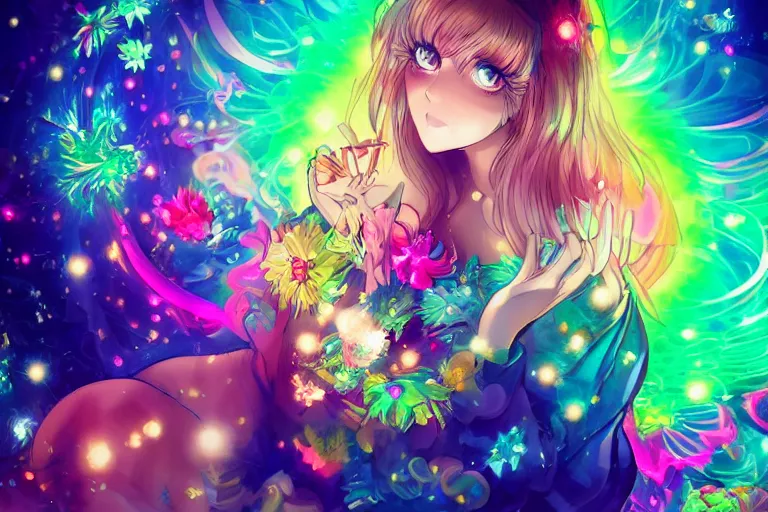 Image similar to psychedelic, full body, whimsical, anime, 4k, beautiful lusty woman blowing smoke, with professional makeup, long trippy hair, a crystal and flower dress, sitting in a reflective pool, surrounded by gems, underneath the stars, rainbow fireflies, trending on patreon, deviantart, twitter, artstation, volumetric lighting, heavy contrast, art style of Ross Tran and Viktoria Gavrilenko and Ilya Kuvshinov