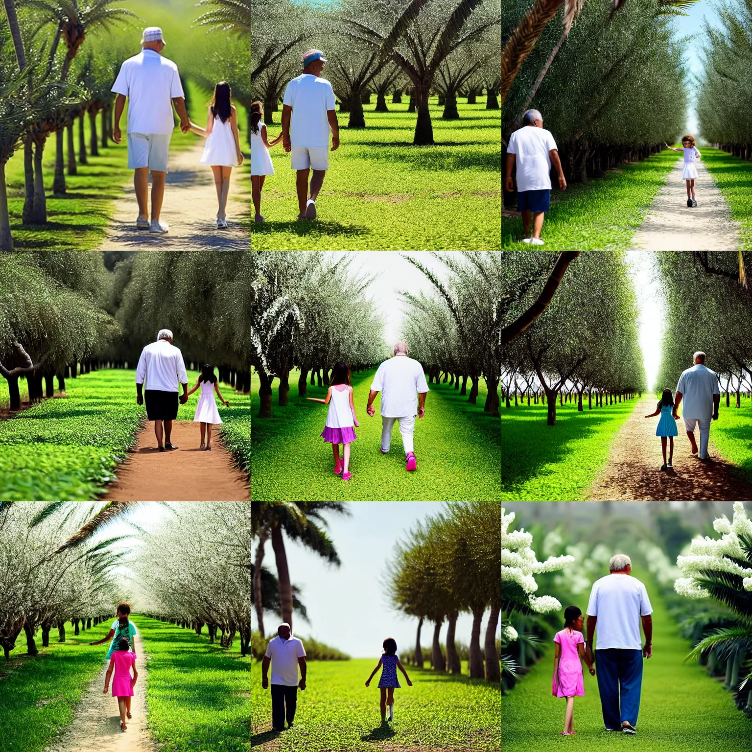 Prompt: a seven - year - old girl walks with her father in a large green orchard filled with white flowers surrounded by fruitful palm trees, cinematic