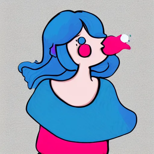 Image similar to girl with blue hair blowing a pink bubble. graphic design