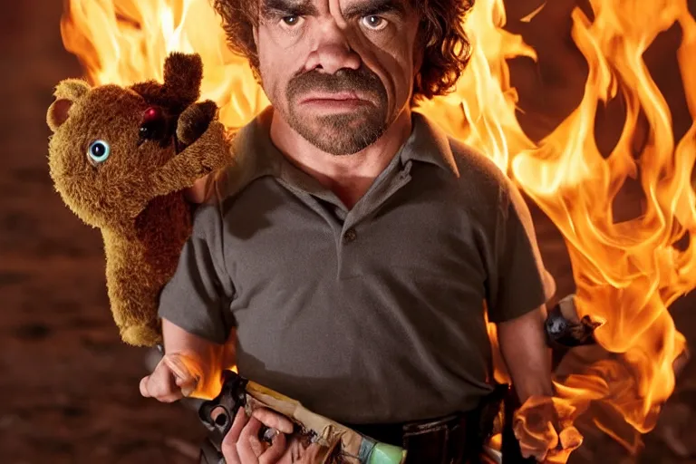 Image similar to peter dinklage holding a flare fighting smokey the bear, movie still, from the new sleepaway camp movie, 8 k, realistic