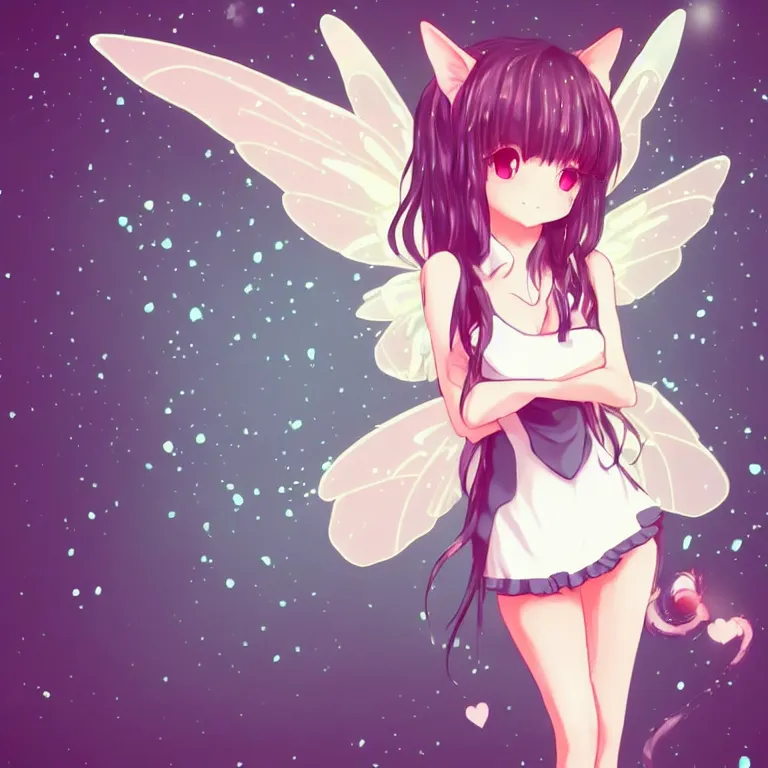 Image similar to cute, full body, female, anime style, a cat girl with fairy wings, large eyes, beautiful lighting, sharp focus, simple background, creative, heart effects, filters applied, illustration