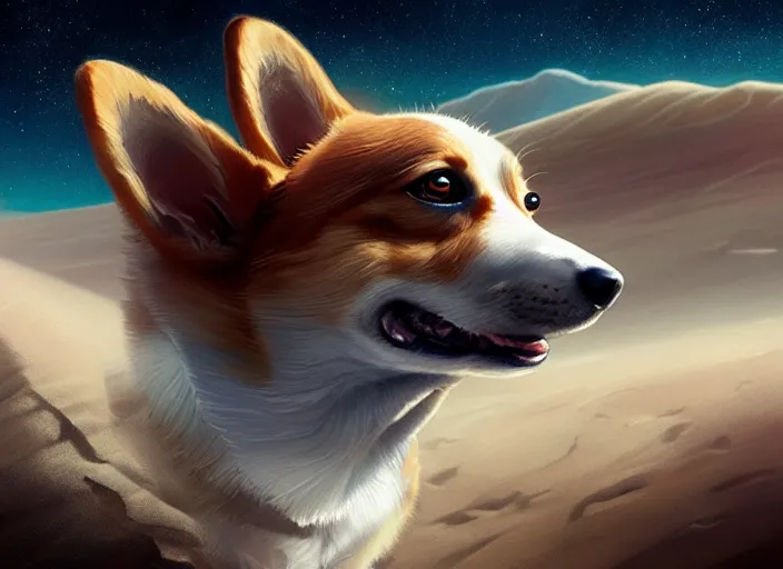 Prompt: highly detailed illustration of a corgi on the moon, artstation, cinematic lighting, hyperdetailed, cgsociety, 8k, high resolution, Charlie Bowater, Tom Bagshaw, Norman Rockwell, insanely detailed and intricate