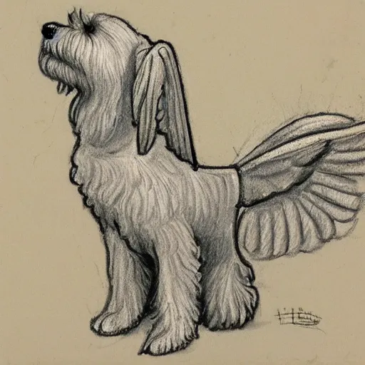 Image similar to reinacensse sketch, white schnauzer dog with two open wings, front view, leonardo da vinci