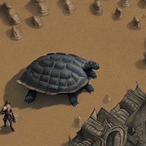 Image similar to gargantuan tortoise with a large fantasy castle armor walking through a sandy wasteland, inspired by howls moving castle and mortal engines, mid - distant shot centered birds eye view, fantasy, hyper detailed, 4 k