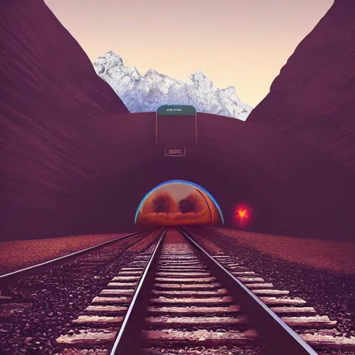 Prompt: a train track going through a tunnel with mountains in the background, an album cover by rhads, unsplash contest winner, neo - romanticism, aesthetic, windows vista, outrun