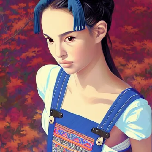 Image similar to a beautiful young japanese natalie portman alluring gravure model, wearing elegant designer overalls made by natives, elegant overalls with mesoamerican patterns, mesoamerican native street fashion, princess mononoke, by and wlop and ilya kuvshinov and artgerm and, aesthetic, gorgeous, stunning, alluring, attractive, artstation, pinterest, digital art