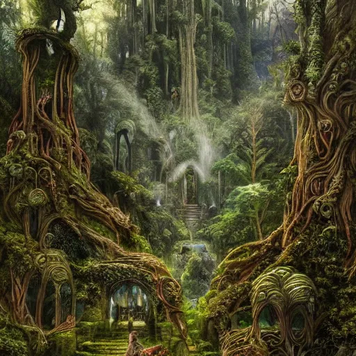 Prompt: a beautiful and highly detailed oil painting of an overgrown elven forest temple in the misty mountains, detailed plants and trees and flowers, intricate details, epic scale, insanely complex, 8 k, sharp focus, hyperrealism, fantasy landscape, psychedelic, by caspar friedrich and james gurney,