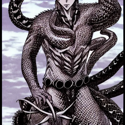 Prompt: a male anime character, naga, serpent body, kentaro miura art style