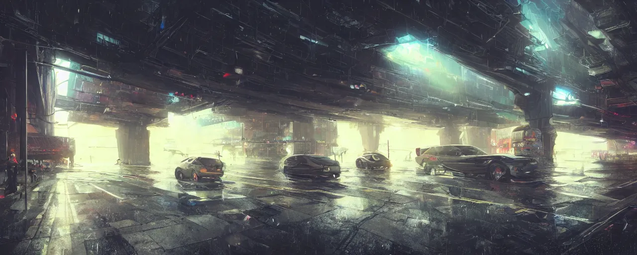 Image similar to under a highway bridge of a cyberpunk city, rain, night, flying shuttles, advertising pannels, rays of light, james gurney, greg rutkowski, unreal engine 5, artstation, sharp focus, award winning