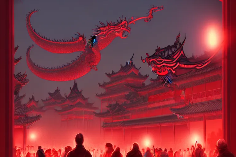 Image similar to lined up crowd is marching toward the chinese palace, big red dragon flying above them, dark atmosphere, light above palace, digital art, trending on artstation