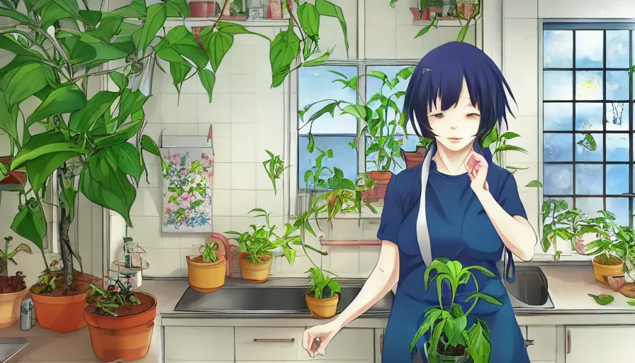Prompt: a woman standing in a kitchen next to a plant that contains a small and thriving city, a storybook illustration by senbon umishima, pixiv contest winner, magic realism, pixiv, official art, anime aesthetic