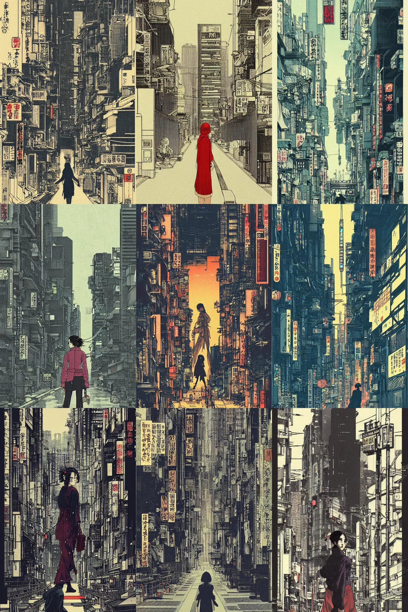 Prompt: a woman standing in the middle of a city street, cyberpunk art by otomo katsuhiro, cgsociety, shin hanga, official art, cityscape, poster art