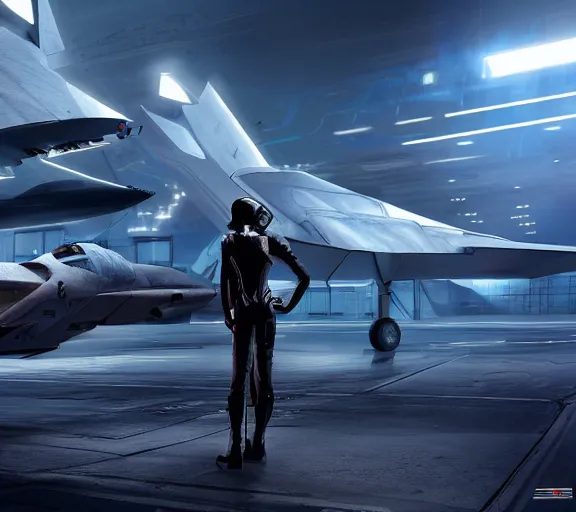 Prompt: fighter pilot stands beside futuristic sci fi fighter jet grounded at runway of cyberpunk city ,dark cinematic lighting , digital concept art