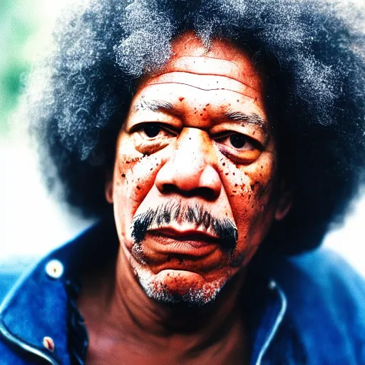 Image similar to a cinematic film still of Morgan Freeman starring as Jimi Hendrix, portrait, 40mm lens, shallow depth of field, close up, split lighting, cinematic