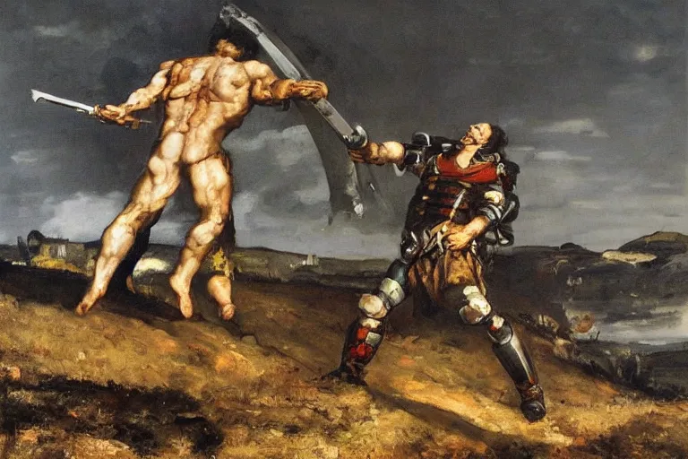 Image similar to landscape, realistic painting image about a templar knight has a mechanical arm, carrying a fire sword, versus a zombie mutant. dramatic scene, realism, created by gustave courbet and michaelangelo, trending in artstation, fine art, smooth draw with oil painting.