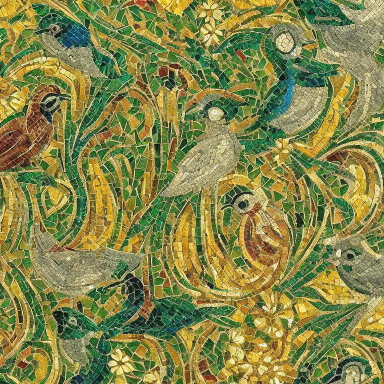 Image similar to art - deco ornament with mystic birds and flowers, highly detailed, photorealistic, mosaic, green and gold, symmetrical, ornate