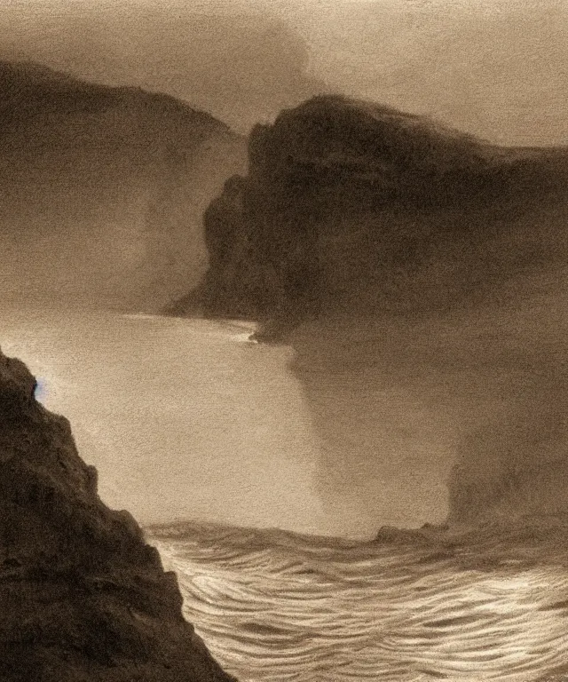 Prompt: photorealistic sepia painting of a 1 9 2 5 bay boat sailing near a jamaican cliff with the mouth of a sea cave at the waterline, dark, brooding, atmospheric, lovecraft, horror, smooth, epic, highly detailed, cinematic