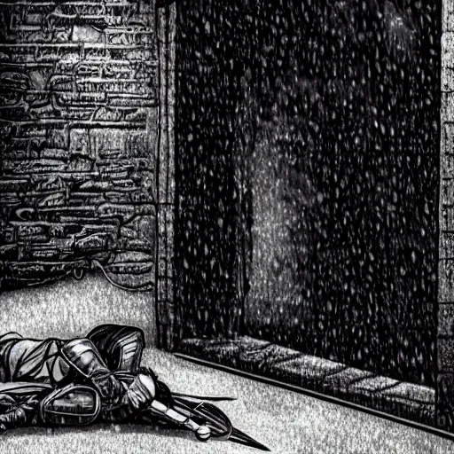 Image similar to A female paladin lying on the ground in a dark alley. Digital Art, Dramatic, Rain