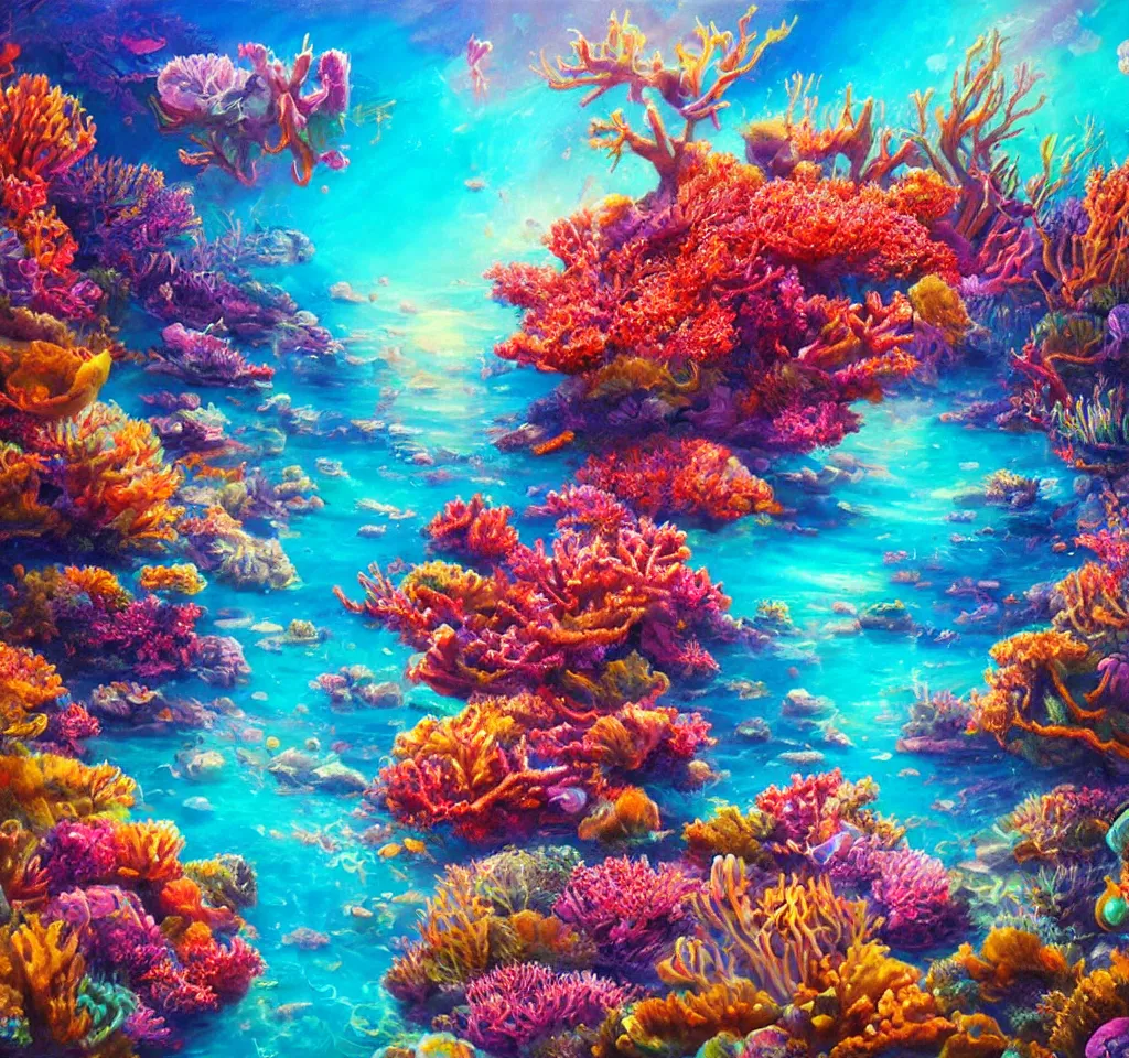 Image similar to underwater neon coral reef landscape magical realism painting with sun rays coming from above, neon pastel colors