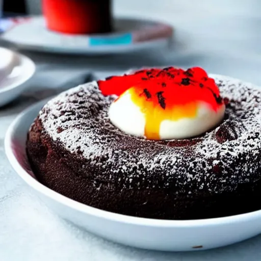 Prompt: A lava cake with actual lava pouring out