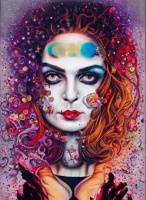 Image similar to gorgeous magic cult psychic woman smiling, third eye, subjective consciousness psychedelic, epic surrealism expressionism symbolism, story telling, iconic, dark robed, oil painting, symmetrical face, dark myth mythos, by Sandra Chevrier, Harumi Hironaka masterpiece