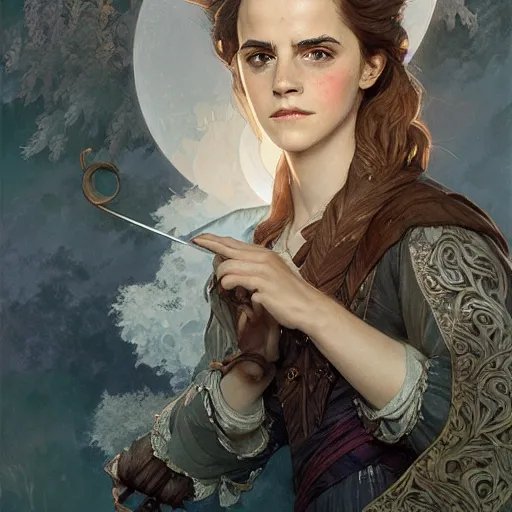 Image similar to emma watson as a bard, d & d, fantasy, intricate, elegant, highly detailed, digital painting, artstation, concept art, matte, sharp focus, illustration, art by greg rutkowski and alphonse mucha