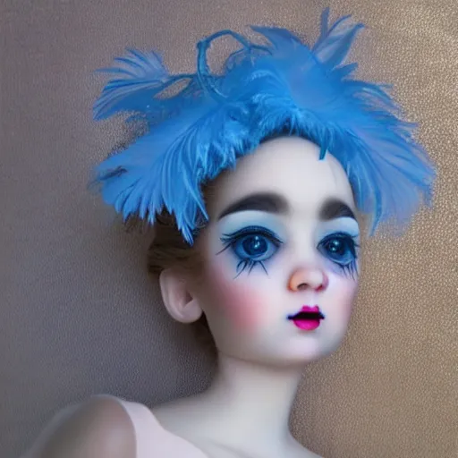 Prompt: surreal art of porcelain doll face on a ballerina body with blue feather in background, retro