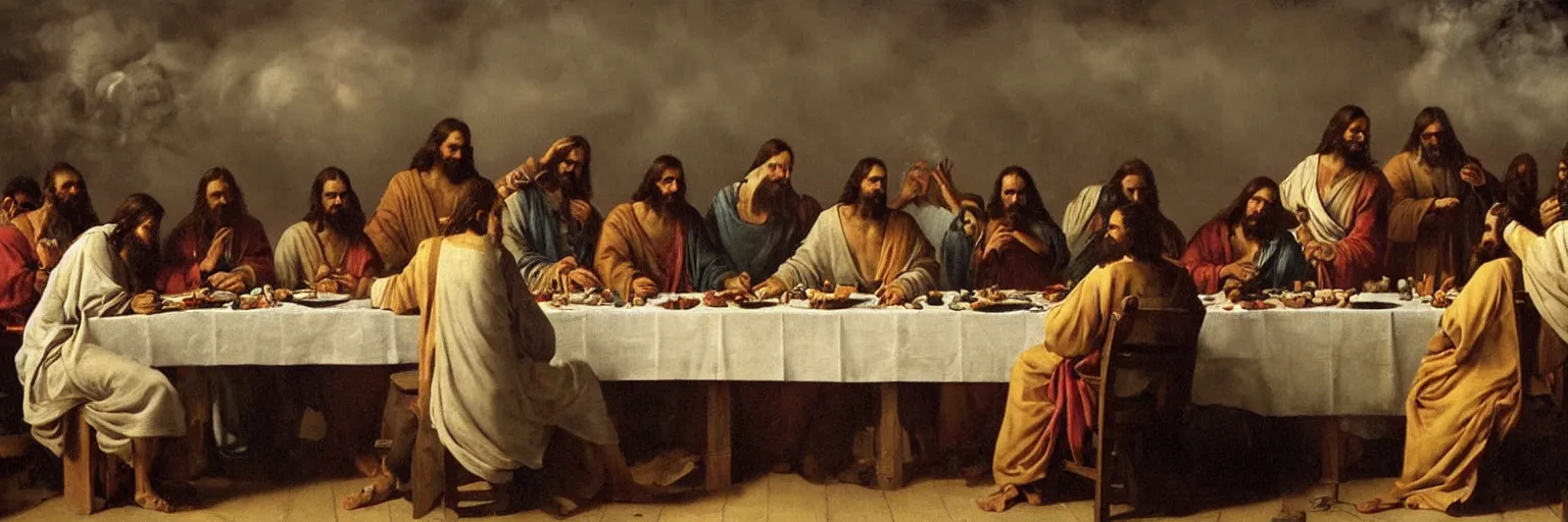 Prompt: jesus at the last supper with his disciples, whisky bottles, passing big blunts, in cloud of smoke, 4 k, hyperrealistic photograph, highly detailed, sharp focus, art by ilya repin