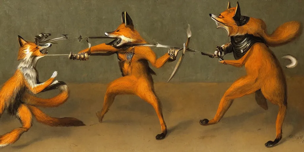 Image similar to an anthropomorphic fox fighting an evil knight who is twice as tall, 1 9 th century painting