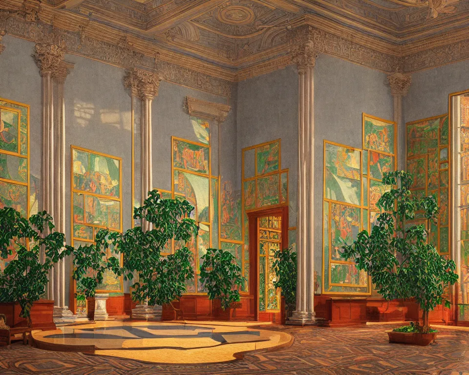 Prompt: an achingly beautiful print of the interior of an opulent art museum with vibrant mosaics covering the walls, potted plants, and classical antiquities by Raphael, Hopper, and Rene Magritte. detailed, romantic, enchanting, trending on artstation.