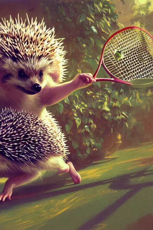 Prompt: A hedgehog playing tennis. colorlpunk art and illustration by tian zi and craig mullins and WLOP and alphonse mucha, fantasy, intricate complexity, hyperrealism 8k