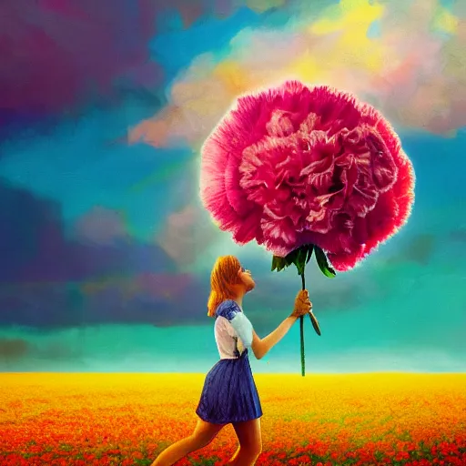 Image similar to head of carnations flower, full body, girl walking in a flower field, surreal photography, sunrise dramatic light, impressionist painting, colorful clouds, digital painting, artstation, simon stalenhag, flower face