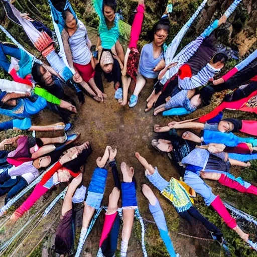 Image similar to Aerial photograph of sikkim people holding hands in a circle on top of a mountain, realistic