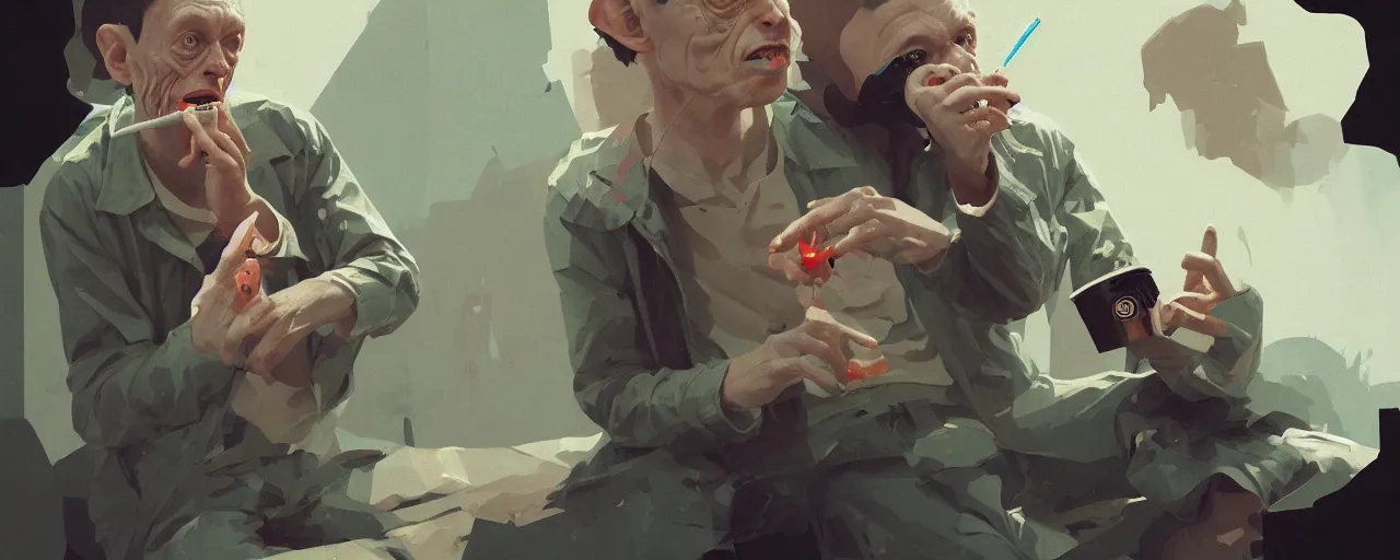 Prompt: duotone olive illustration 3 / 4 portrait of gollum smoking joints with elon musk composition accidental renaissance golden ratio. by sachin teng and sergey kolesov and ruan jia and heng z. graffiti art, scifi, fantasy, hyper detailed. octane render. concept art. trending on artstation