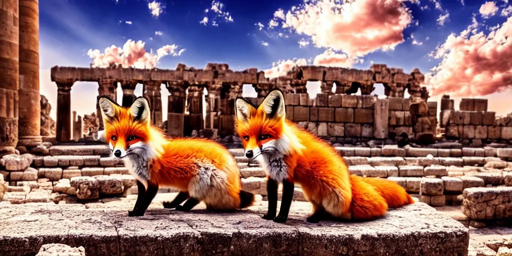 Image similar to A beautiful small fox in the huge ruins of the second temple in Jerusalem :: Dreamy sky :: The third temple hovers quietly in the sky above :: Very colorful painting 8k trending on art station :: Intricate details, very realistic, cinematic lighting, volumetric lighting, photographic blur bokeh defocus dof sky