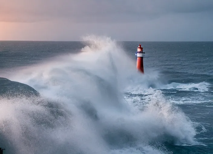 Image similar to lighthouse in a storm. lonely, churning waves, splashing on lighthouse. warm lighting