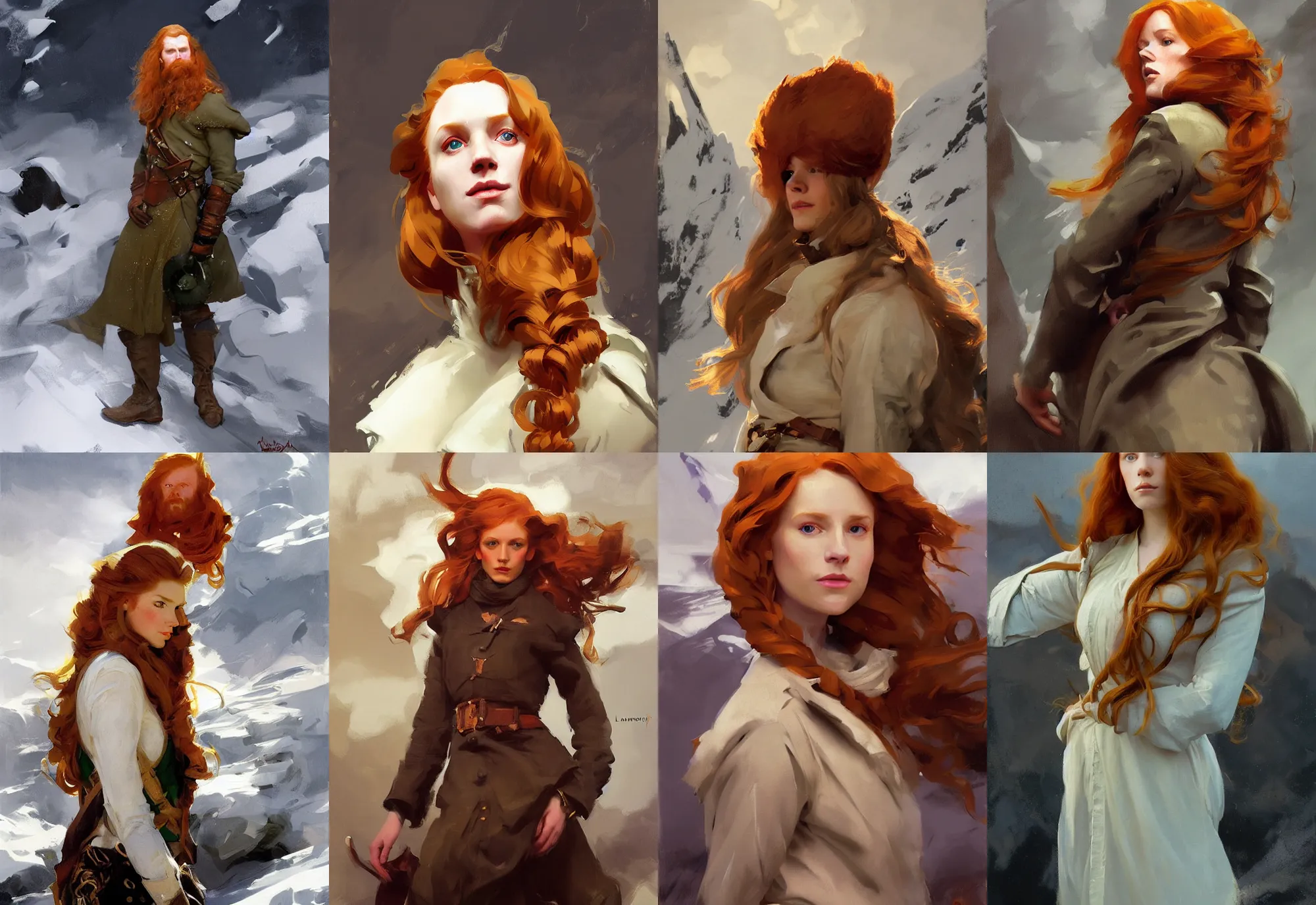 Prompt: portrait of ireland norway long ginger hair model girl jodhpurs hyperborea winter traveler treasure hunter greg manchess painting by sargent and leyendecker, fantasy, medium shot, asymmetrical, intricate, elegant, matte painting, illustration, hearthstone, by rhads, by greg rutkowski, by greg tocchini, by james gilleard, by joe fenton