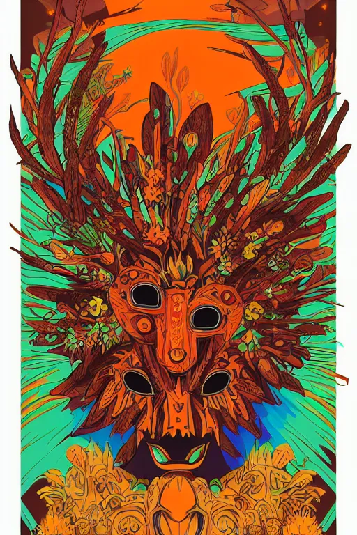 Image similar to animal mask totem roots flower tribal feather gemstone plant wood rock shaman vodoo video game vector cutout illustration vivid multicolor borderlands comics by josan gonzales and dan mumford radiating a glowing aura